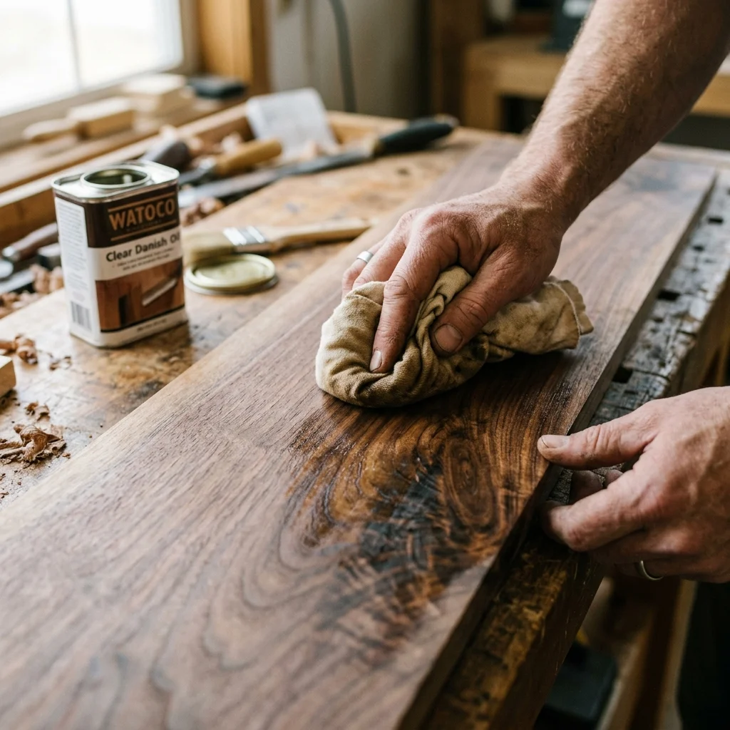 Hand finishing a wooden chopping board with food-safe oil — close-up woodworking detail