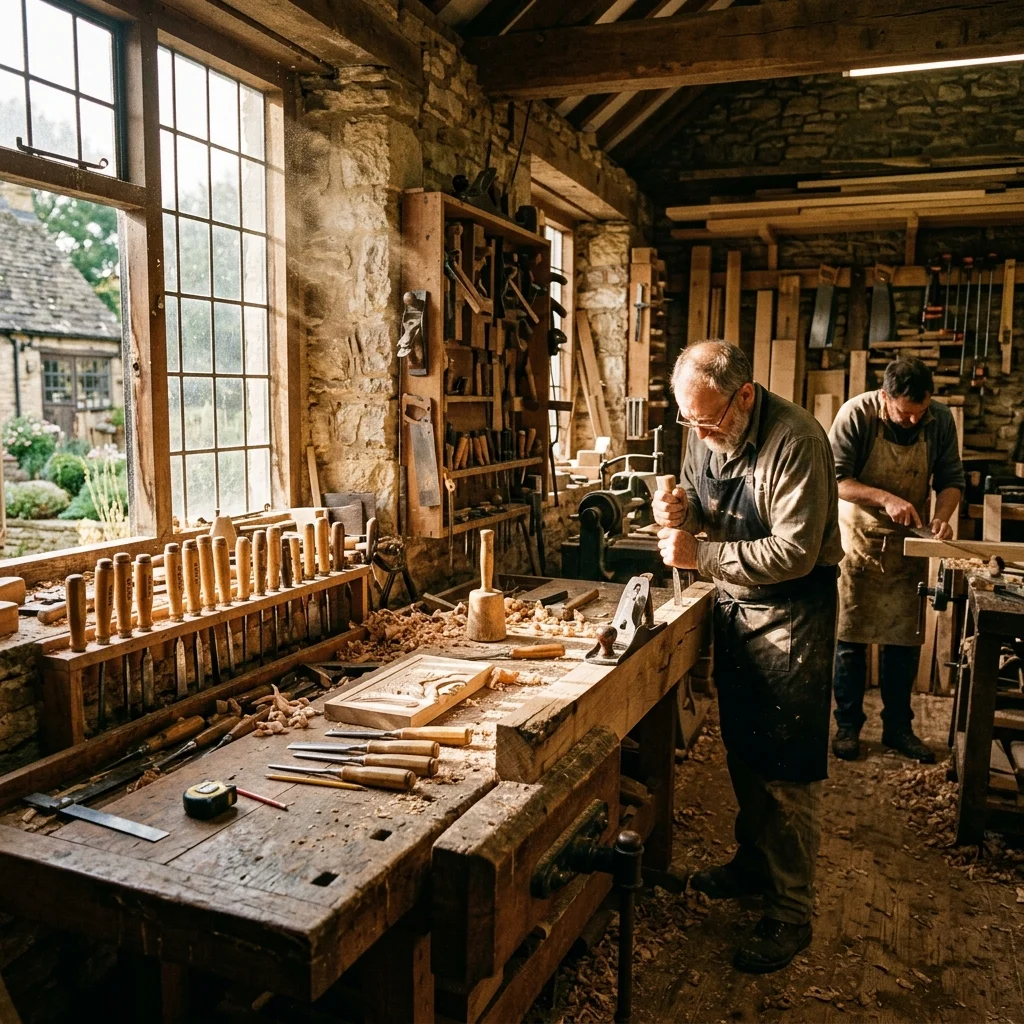 Traditional British woodworking workshop — handcrafting wooden chopping boards