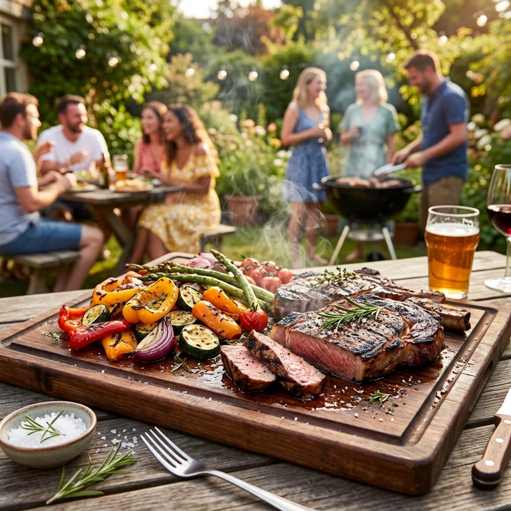 BBQ serving board with grilled meats — outdoor summer entertaining
